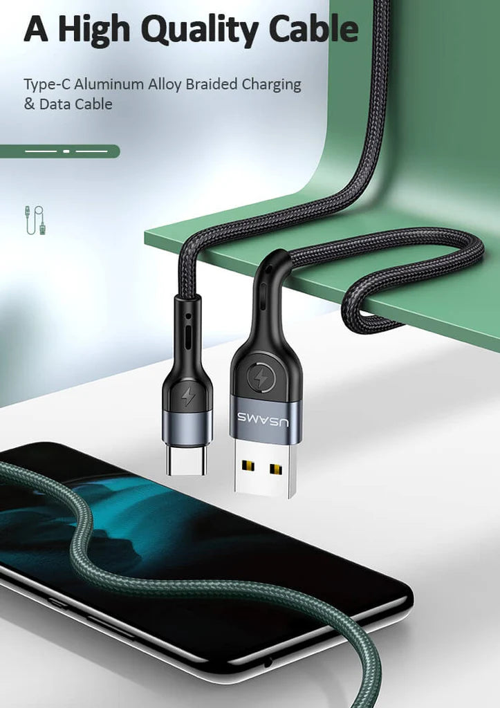 USAMS USB To Type-C Aluminium Charger Cable Charging Data Samsung iPhone 16 15
