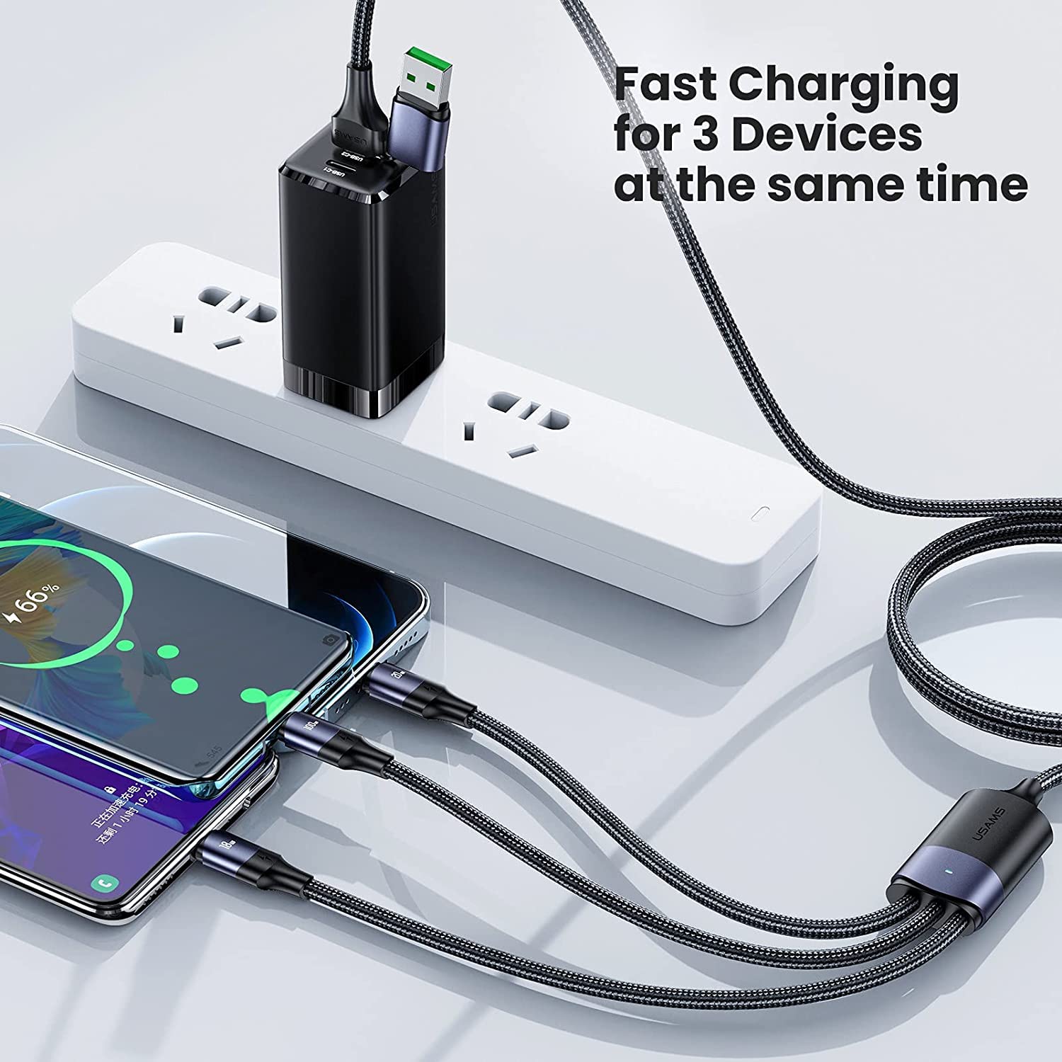 USAMS 3 in 1 USB Fast Charging Cable 3.5A Multi Charge Cord For iPhone Samsung