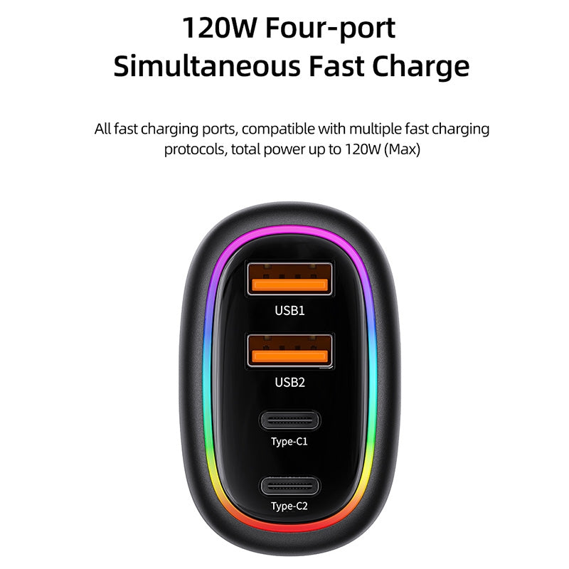 Usams 120W 4 Port USB & Type C Fast Car Charger USB Quick Charger QC3.0 Adapter