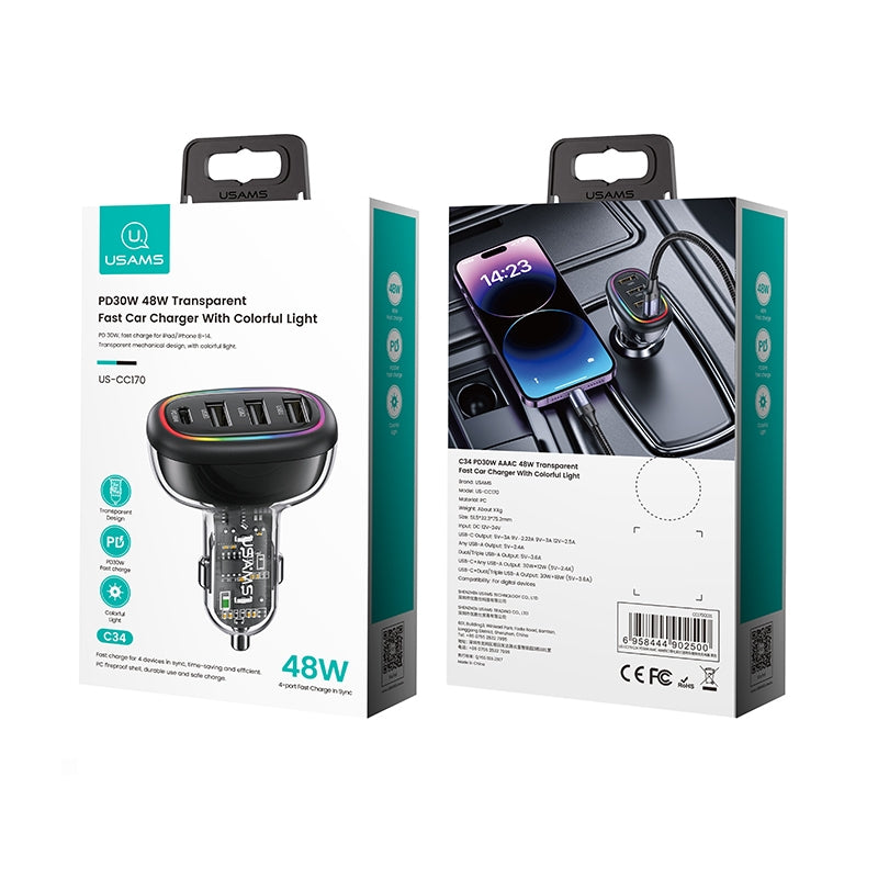 Usams 48W 4 Port USB & Type C Fast Car Charger USB Quick Charger QC3.0 Adapter