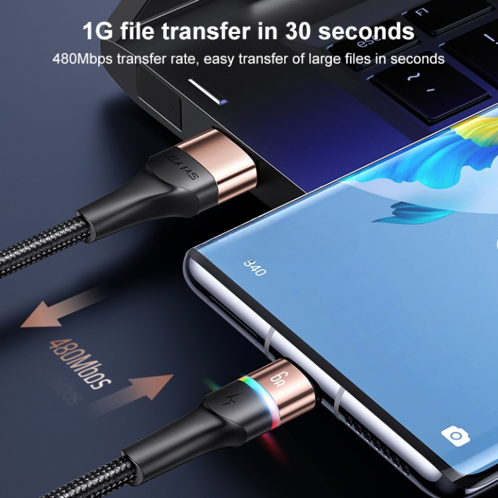 USAMS USB To Type C LED Charger Cable 3A Fast Charging Lead Data Cord - 1.2M