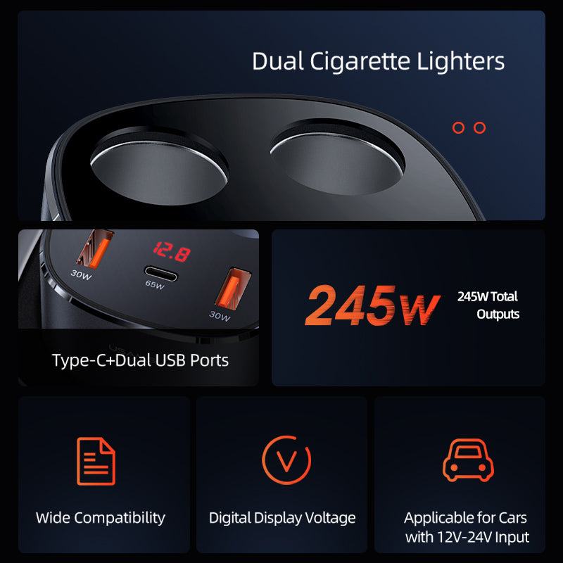 USAMS Dual USB Charger Cigarette Lighter Socket Splitter 12-24V Power Adapter