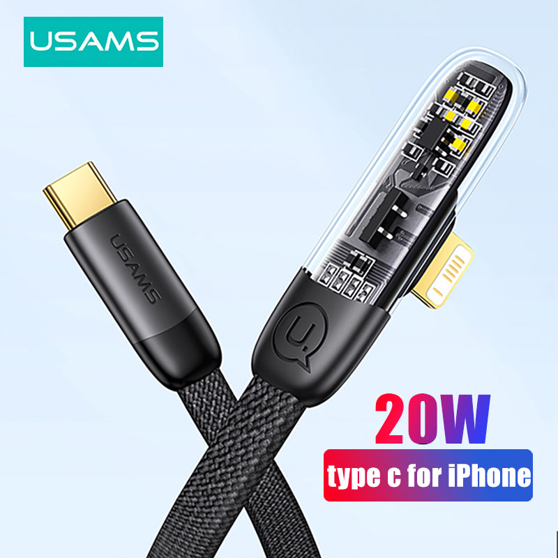 USAMS USB Type C To iPhone Cable 90 Degree Quick Charging Data Fast Charger