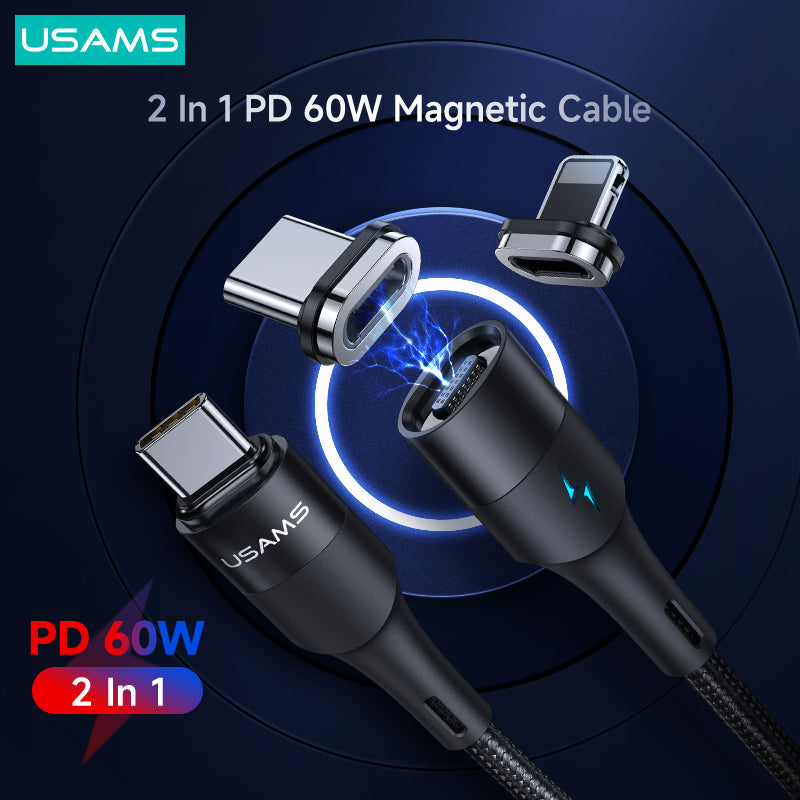 USAMS 2 in 1 Magnetic Fast Charging Cable Cord Charger For Type-C iPhone Samsung