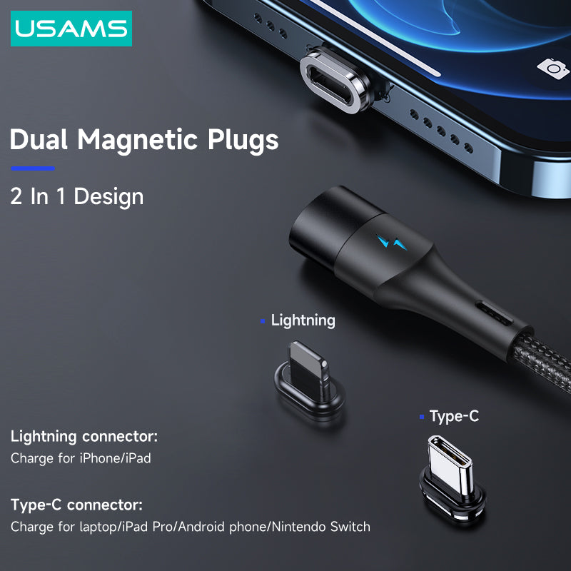 USAMS 2 in 1 Magnetic Fast Charging Cable Cord Charger For Type-C iPhone Samsung