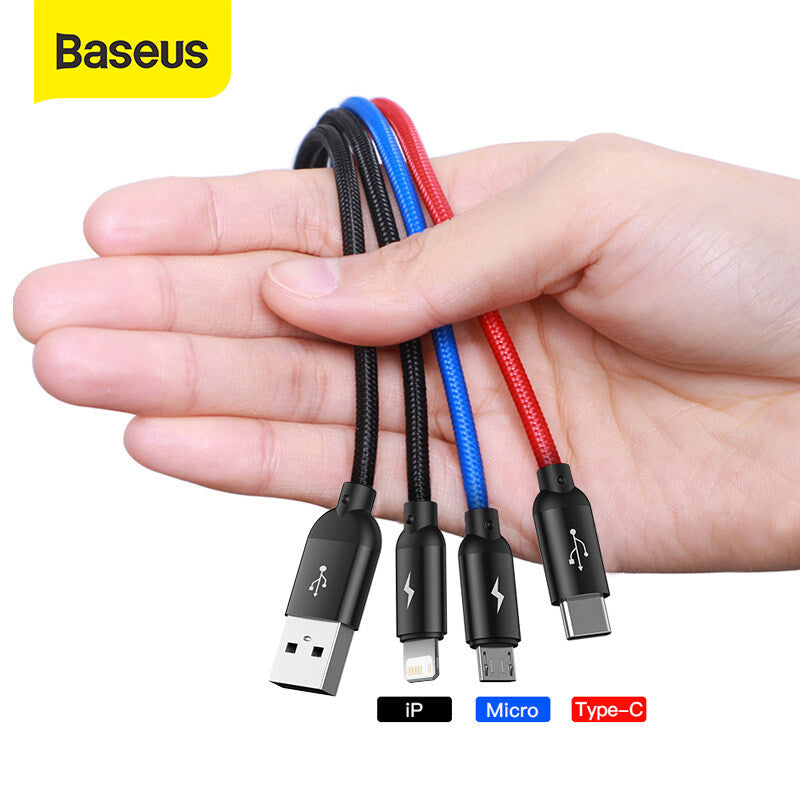 Baseus 3 in 1 USB Lightning Type-C Micro USB Fast Charging Cable Cord For iPhone Samsung iPad