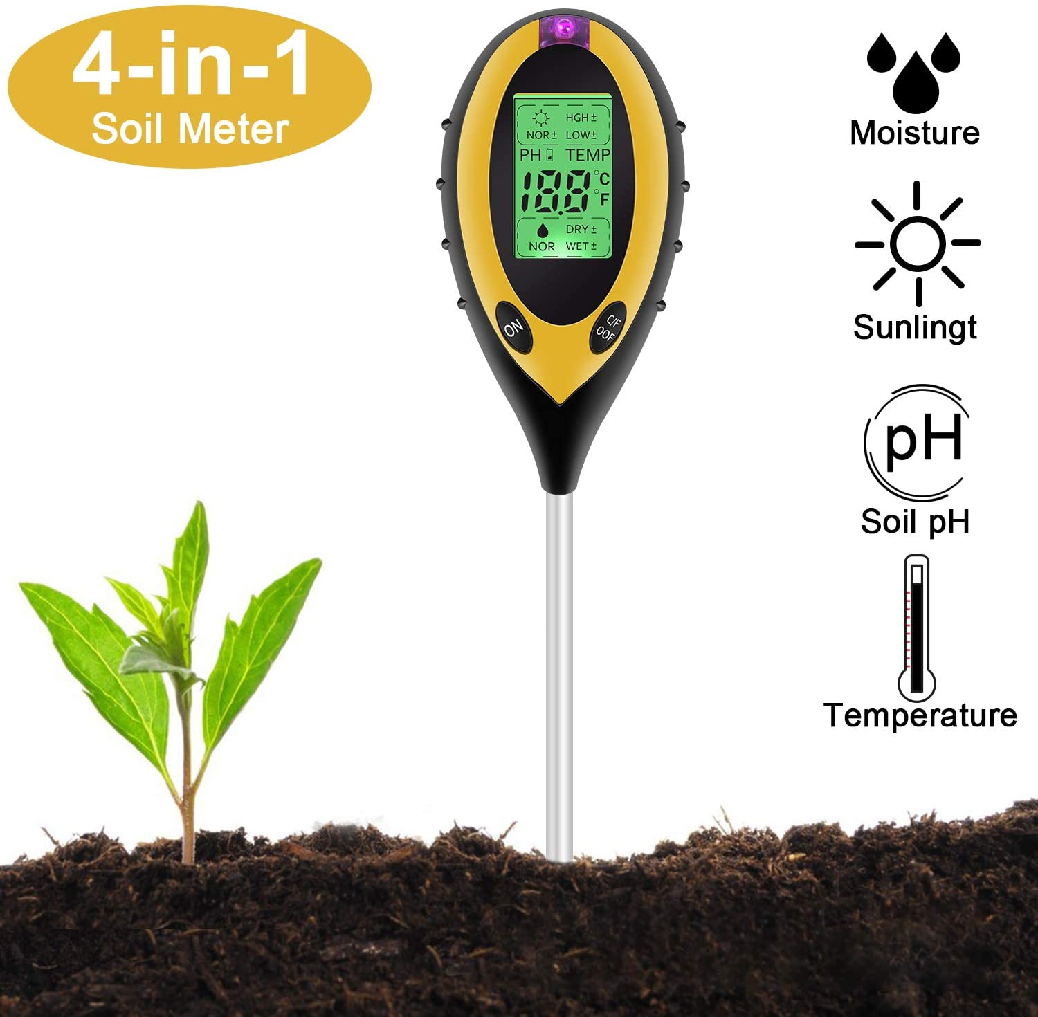 Everlab 4-in-1 Soil Moisture Meter, Soil Tester Moisture High Accuracy PH Meter, Plant Moisture/Light/pH Acidity Meter/Temperature, Soil Water Monitor For Gardening, Farming, Lawn