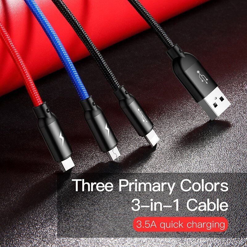 Baseus 3 in 1 USB Lightning Type-C Micro USB Fast Charging Cable Cord For iPhone Samsung iPad