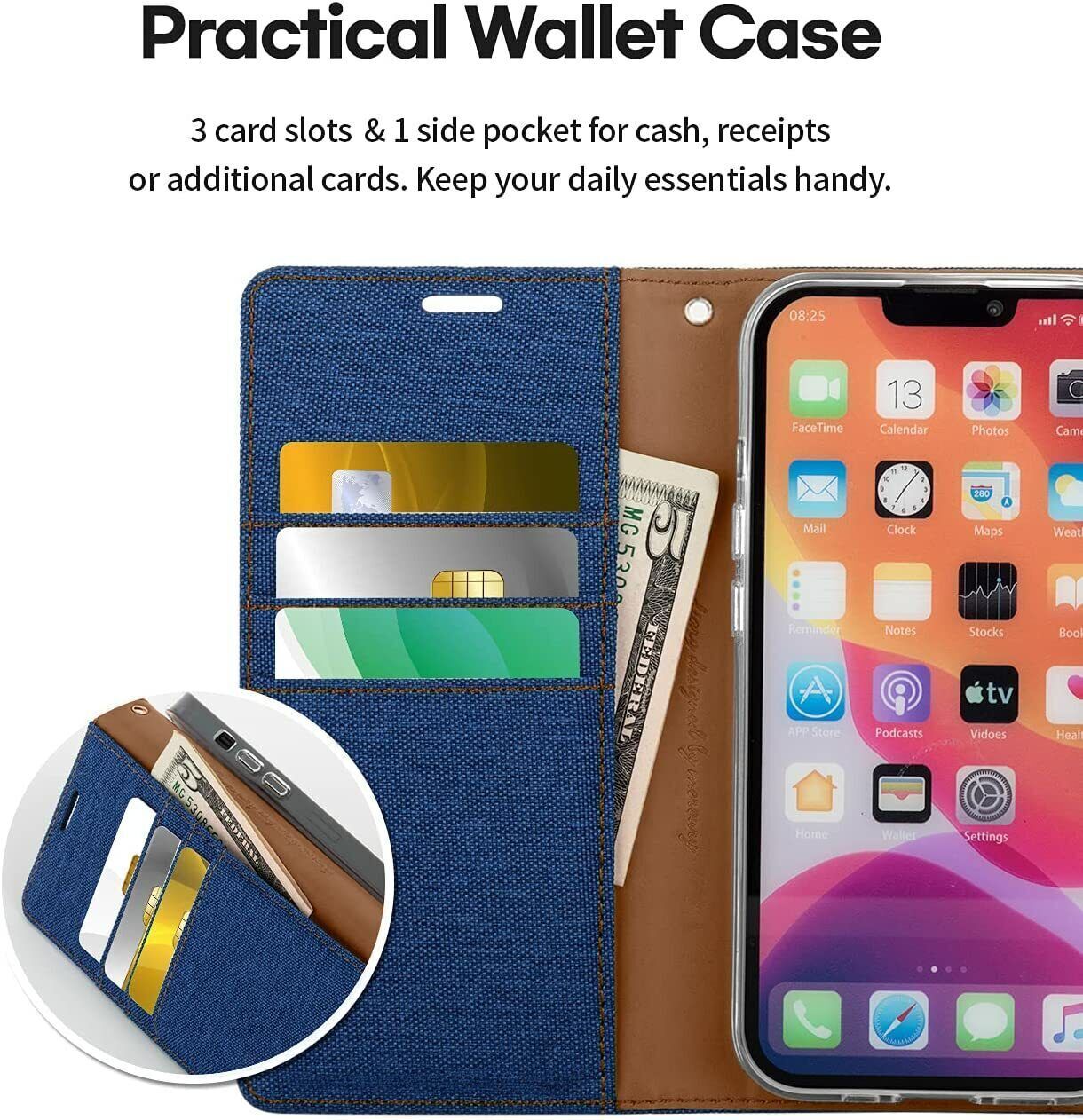 Everlab Wallet Card Holder Denim Cover Flip Case For iPhone 13 12 11 Pro XS Max XR 8 7 Plus