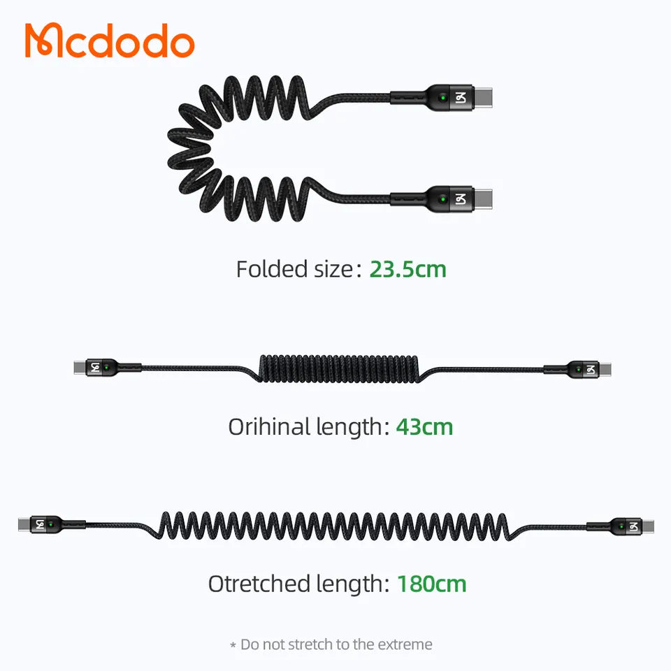 (3-PACK) Mcdodo 100W USB C To USB Type-C Fast Charging Cable Coiled Retractable Car Charger For iPhone 15/Plus/Pro Max, Samsung S24/S24+/S24 Ultra/S23+/S23, iPad Pro Air (1.8m)